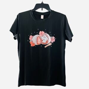 ROMWE Anime Bunny Strawberry Mochi Black T-Shirt